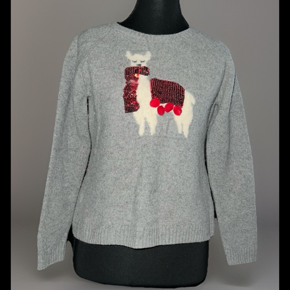Artisan Ny 100% Merino Wool Gray Sweater with Festive Reindeer
